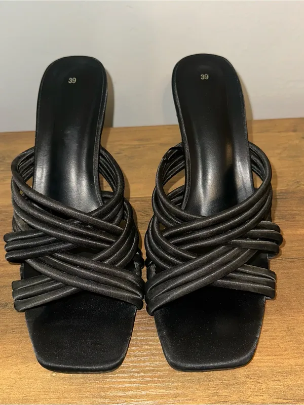 Black Strappy Heeled Sandals - Women's Dress Mules - Image 3