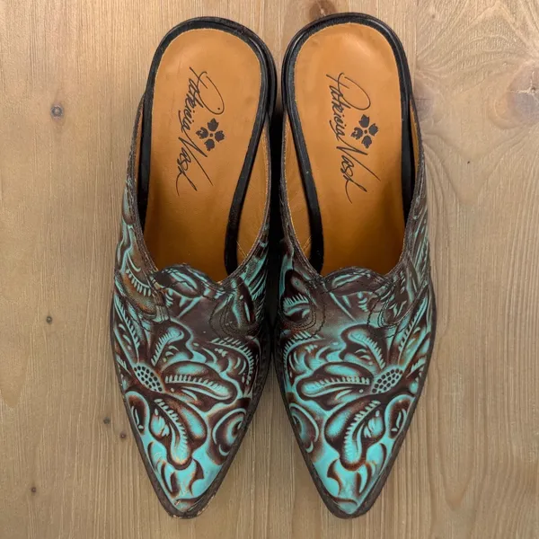 Patricia‎ Nash Turquoise Brown Tooling Leather Mule Pointed Toe Western Shoes 6 - Image 5