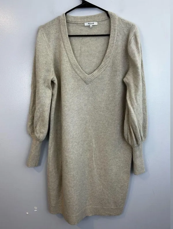 Madewell Wool Blend Oatmeal/Tan Balloon Sleeve V-neck Sweater Dress Size Large - Image 11