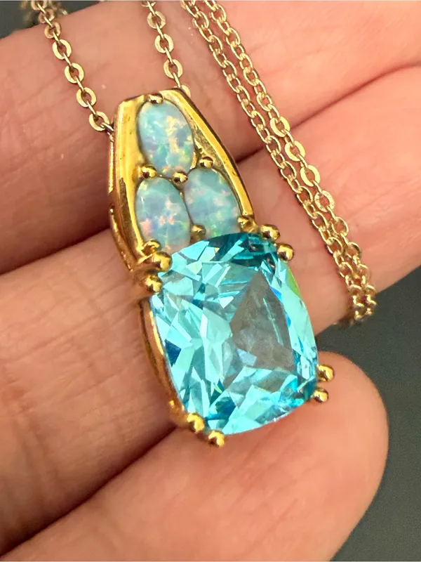 925 Sterling Gold Vermeil Cushion Cut Blue Topaz Gemstone Opal Pendant Necklace - Image 6