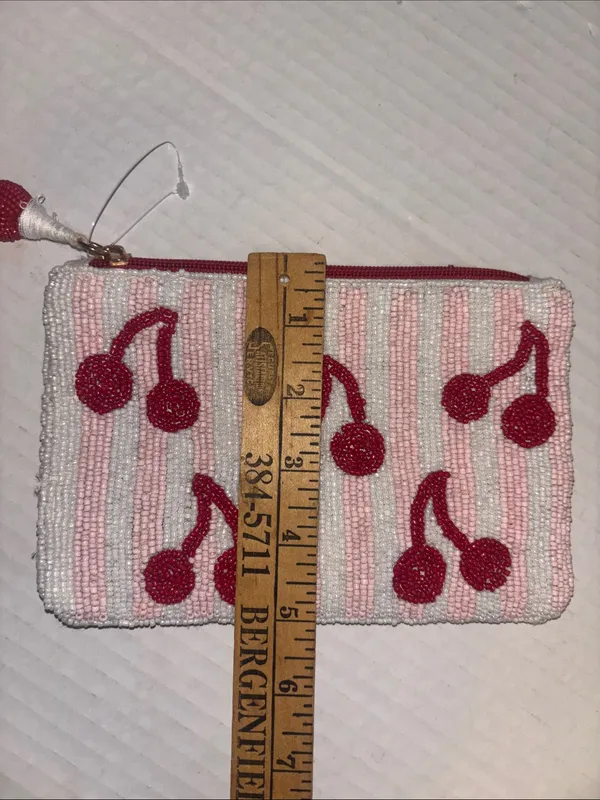 CHERRY BEADED BAG WHITE PINK STRIPED WITH CHERRY DESIGN BEADED TASSEL ZIP PULL - Image 6