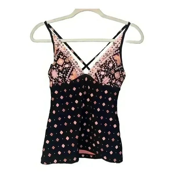 Seafolly Inka Gypsy‎ Black/Pink V-Neck Tankini, Size 6 - Image 2