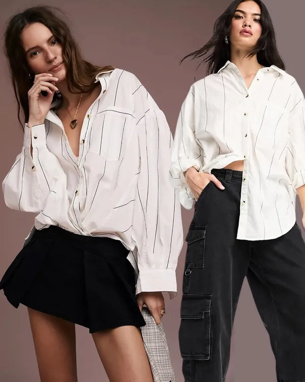 Free People Oversized Happy Hour Stripe Button Down Top White Black Small Preppy - Image 2