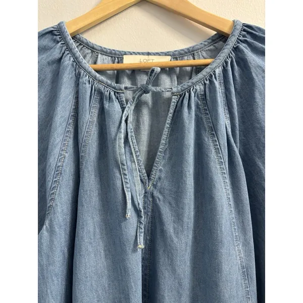LOFT Women L Denim Chambray Tie Neck Wide Sleeve Tiered Drop Waist Dress Cotton - Image 11