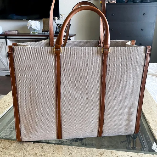 Tory Burch Bag Blake Canvas Jumbo Tote Leather Natural Classic Cuoio GUC - Image 7