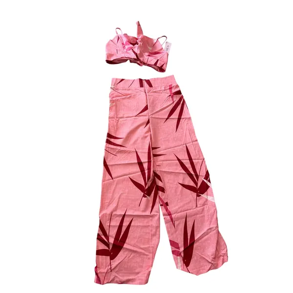Micas Bamboo Leaf Print Knot Tropical Boho Resort Cami Top And Pants Set Pink XL - Image 2