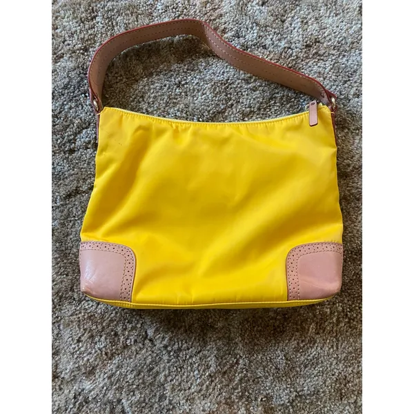 Kate Spade Yellow Nylon Shoulder Purse Hand Bag Brown Leather Trim Zip Top - Image 9