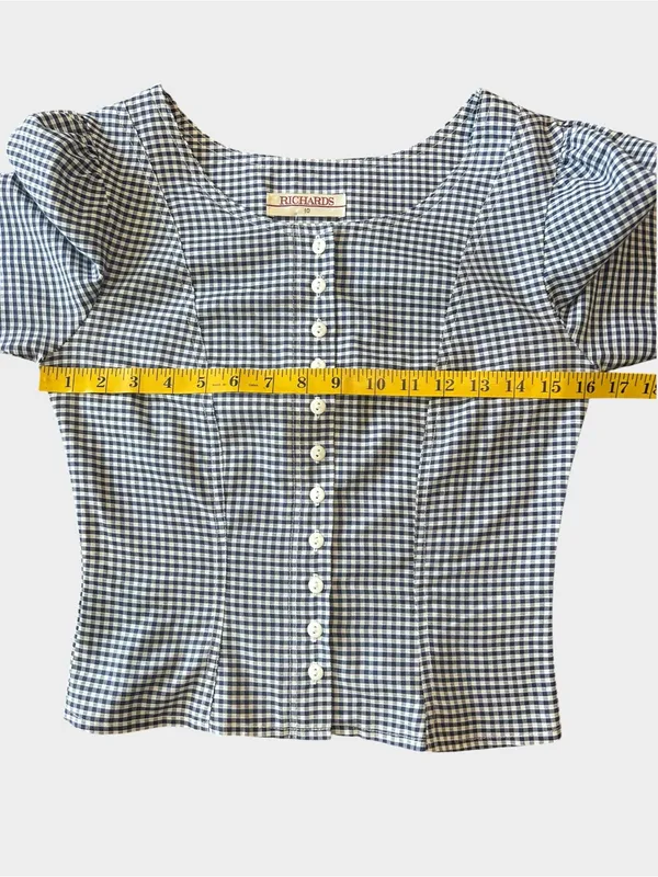 Vintage Richards Navy Gingham Puff Sleeve Button Blouse UK 10 US 6 - Image 6