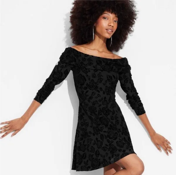 Wild Fable Women's Flocked Mini Fit & Flare Holiday Dress Floral Off Shoulder - Image 3