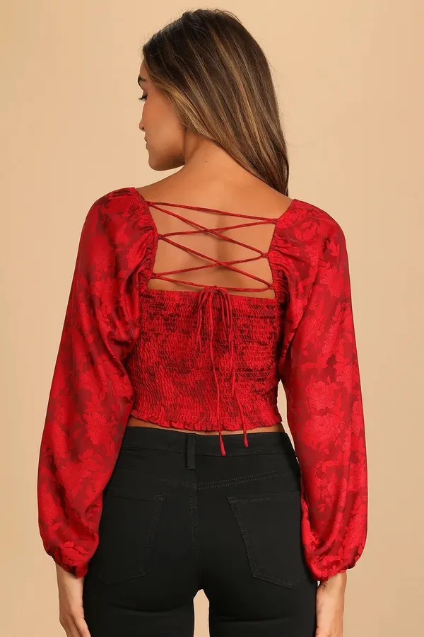 Lulus Red Lace Up Jacquard Shirt - Image 2