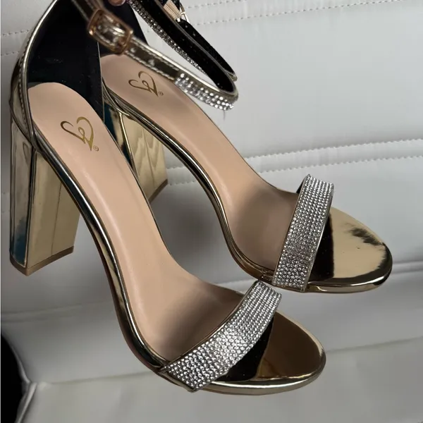 Windsor Gold Rhinestone Block Heel Sandals Size 6.5 NWT Glam Ankle Strap Heels - Image 5