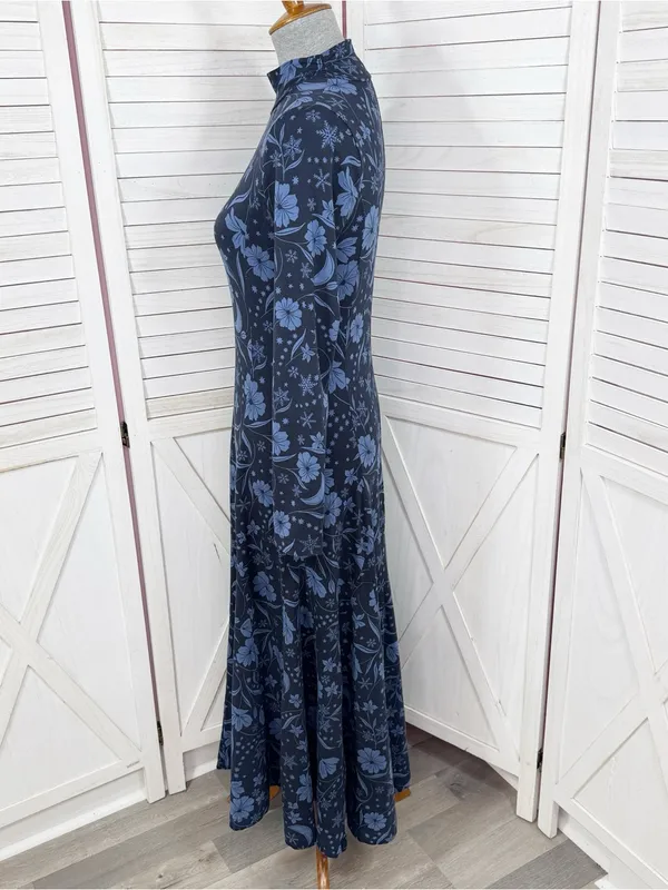 Loft Floral Snowflake Mock Neck Long Sleeve Maxi Dress Blue XS Winter Chic Boho - Image 3