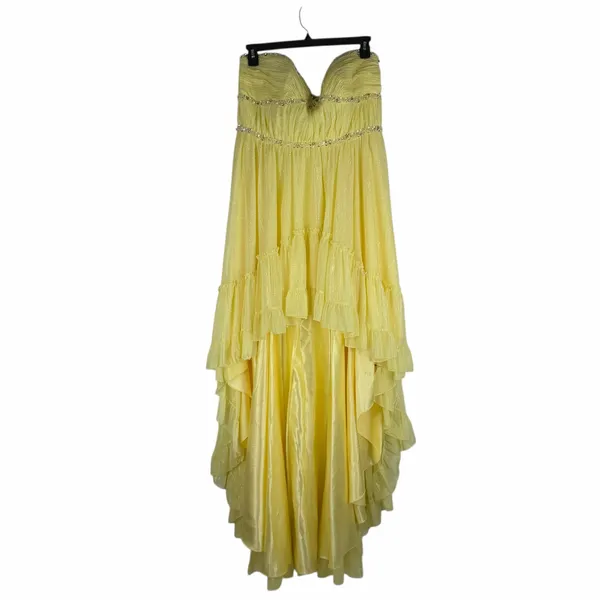 Mac Duggal Strapless Chiffon Hi Low Evening Gown Lemon Yellow Size 14 - Image 5