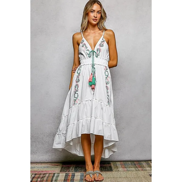 POL Embroidered Detail Tassel Tie Smocked Waist Midi‎ Tiered Cami Dress - Medium - Image 2