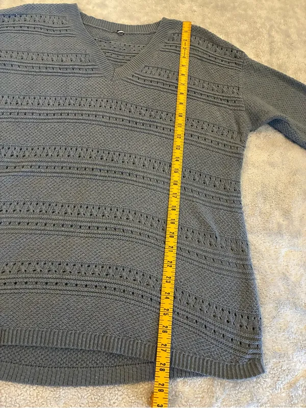 V-Neck Openwork 3/4 inch Sleeve Knit Sweater - Dusty Blue size X-LARGE - Image 5