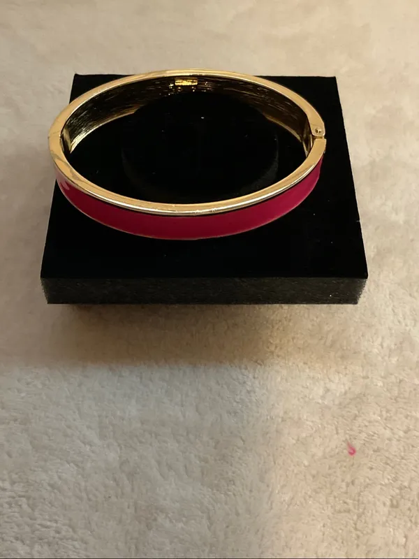 Gold-Tone Hinged Bracelet with Pink Enamel Inlay - Image 3
