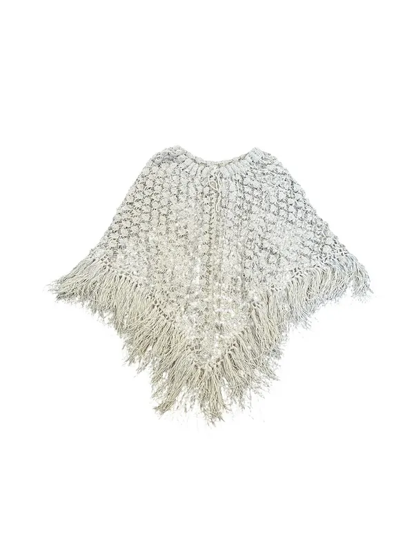 Vintage Cream Open Weave Crochet Knit Poncho Fringe Boho Chic Cottagecore - Image 2