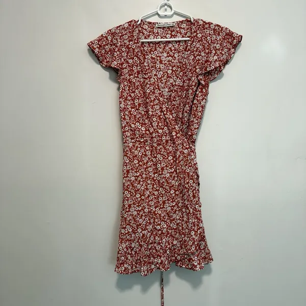 Abercrombie Orange Floral Wrap Mini Ruffle‎ Dress Size Small - Image 2