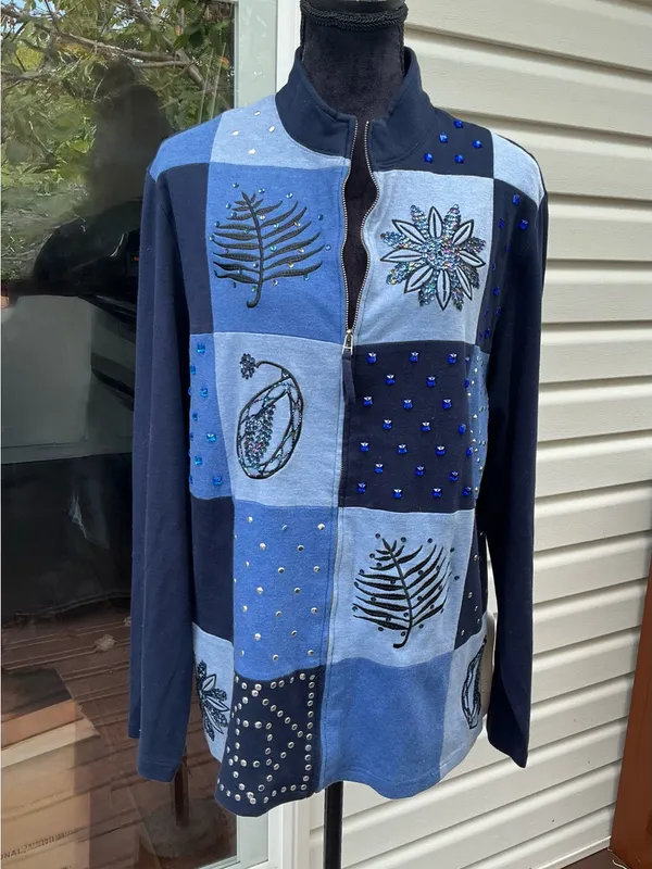 Essentials Navy and Light Blue Patchwork Embellished Zip Jacket Size 1X - Image 2
