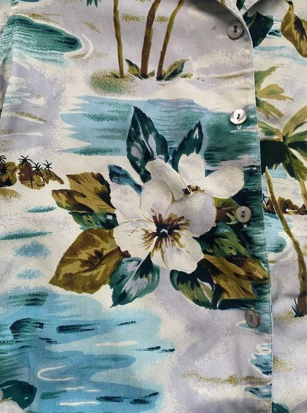 Vintage Tiki Classics silk Hawaiian palm trees button down shirt, size medium - Image 3