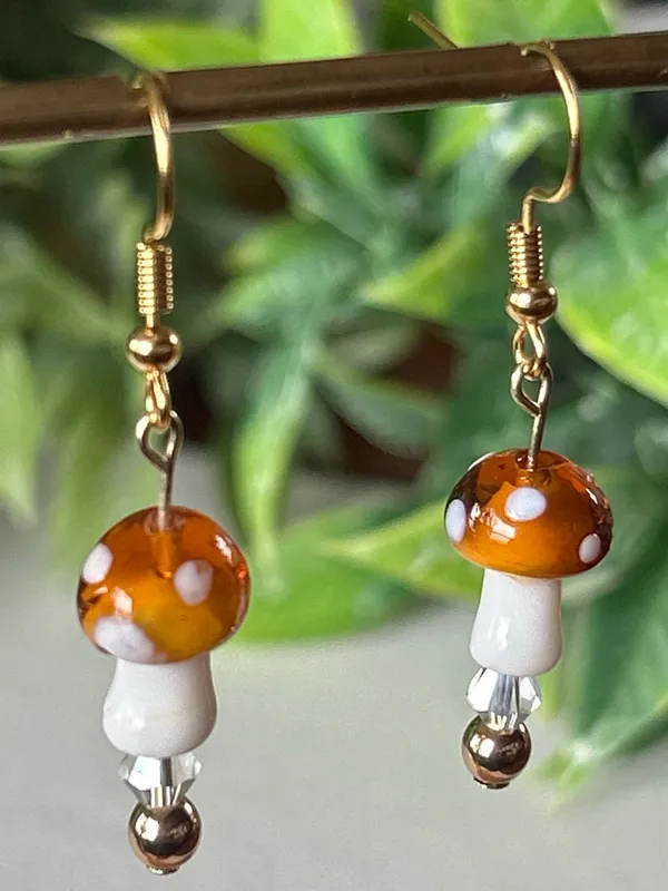 Handmade Orange Mushroom + Hematite Drop Earrings in silver - Image 2