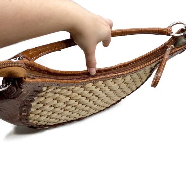 Brown Faux Leather & Woven Straw Silver Accents Purse Bag - Image 9