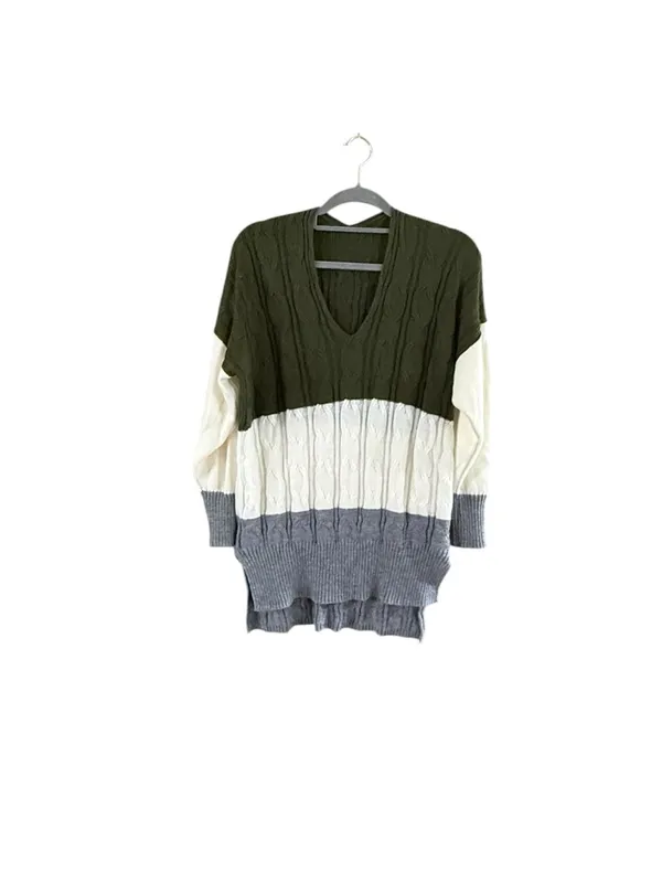 V-Neck Cable Knit Colorblock Sweater in Olive, Cream & Gray - Image 2