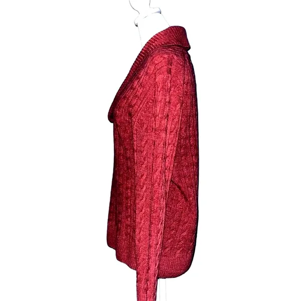 Red Cable Knit Shawl Collar Pullover Sweater Long Sleeve Textured Knit Top - Image 3