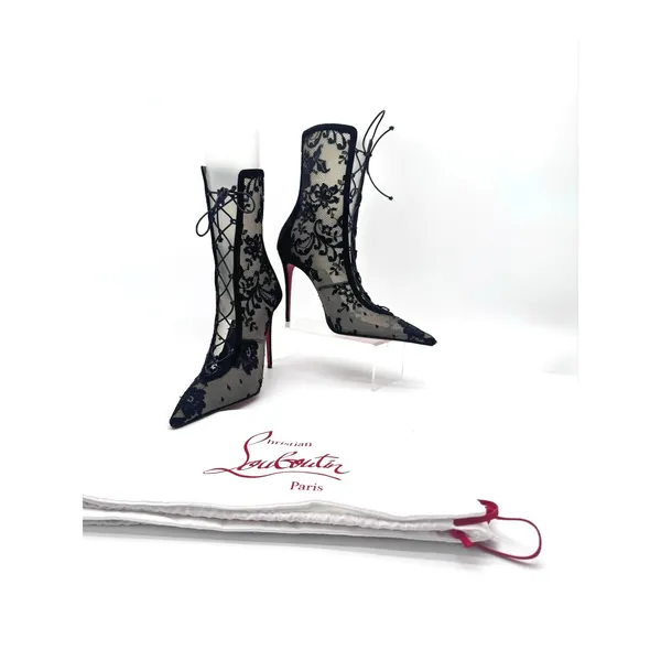 Christian Louboutin KM Lace Booty 100 Black Mesh Floral Lace Boots Sz 39.5 - Image 3