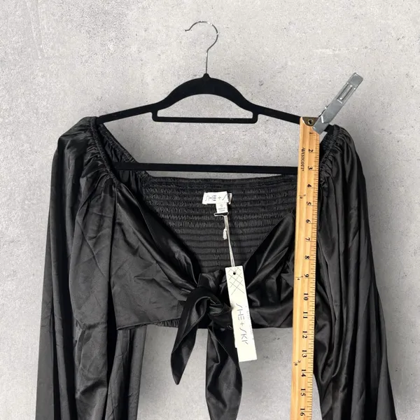 NEW She + Sky Black Crop Top‎ Tie Front Womens S Long Sleeve Blouse Dressy Party - Image 5