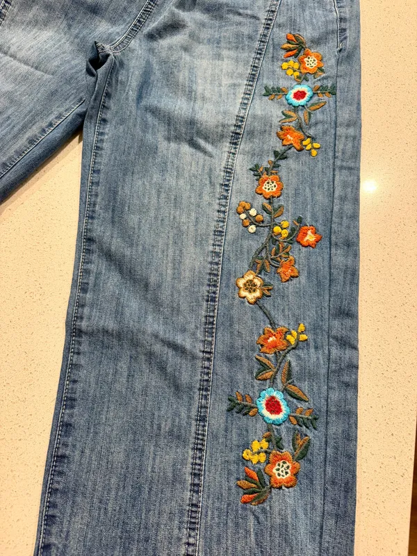 Handmade Embroidered Floral Denim Pants XS/S - Image 4