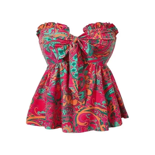 Floral Tube Crop Top Strapless‎ Tie Front Boho Pullover Bandeau Size M - Image 2