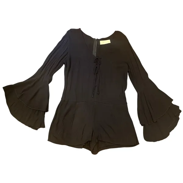 Vintage Havana Black Romper Tiered Bell Sleeve Lace Up Front Boho Flowy M - Image 2
