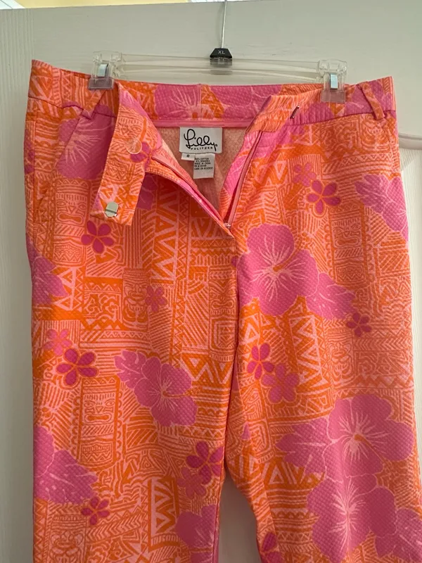 Lilly Pulitzer White Label Orange Pink Floral Sneaky Teaky Pants Size 8 - Image 4