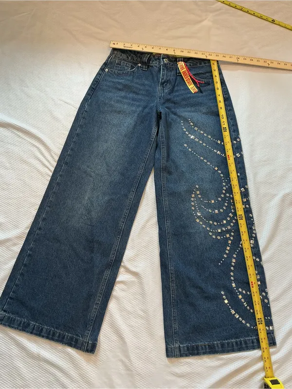 Dark Blue Wide-Leg Jeans with Studded Swirl Detail - Image 5