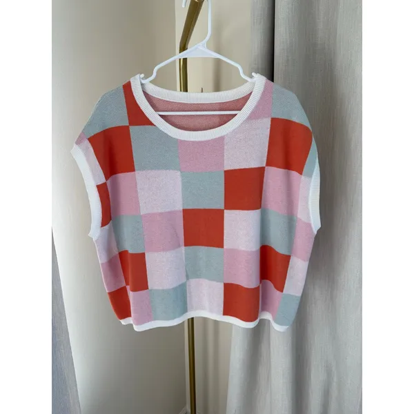 Knit Vest Women's Size XL Pink Colorblock Checkered Sleeveless Coastal Grandma - Image 2