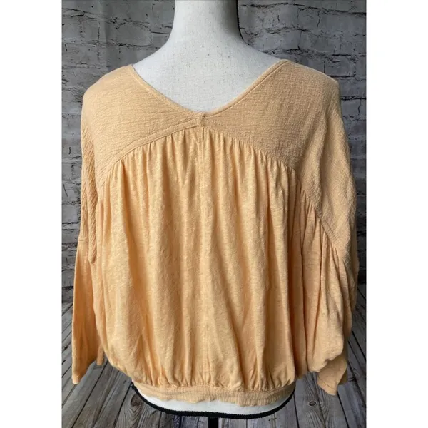 Free People Womens Shirt Sz S‎ Double Knot Peach Crop Top 3/4 Sleeve Open Front - Image 6