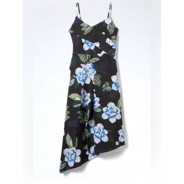 Banana Republic Women’s Black Strap Asymmetrical Midi Floral Print Dress Size 2 - Image 2