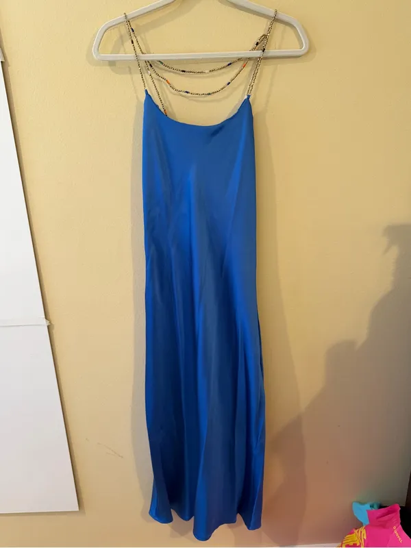 Satin Cobalt Blue Maxi Slip Dress with Chain Straps - Image 3