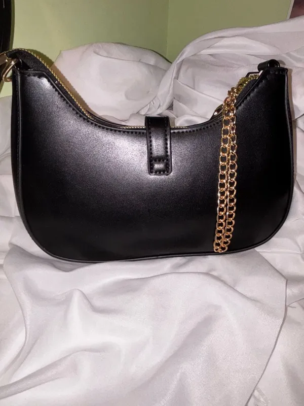 KKXIU Black Vegan Leather Hobo Shoulder Bag with Gold-Tone Chain - Image 4