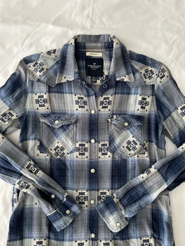 American Eagle Blue And White Boyfriend Fit Flannel With Crochet Detail - Image 2