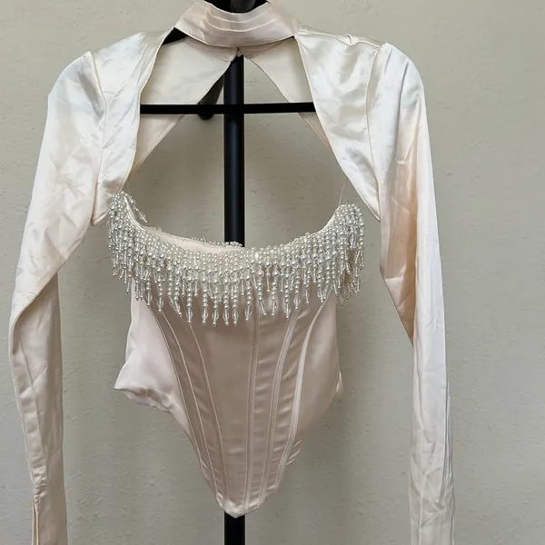 HOUSE‎ OF CB 'Aubrie' Vintage Cream Embellished Satin Corset With Sleeve NWOT S - Image 9
