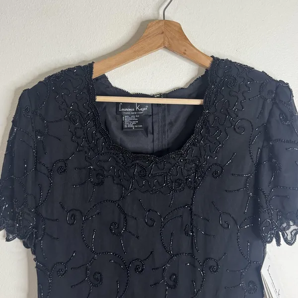 Laurence Kazar Beaded Silk Blouse Womens Small Black Short Sleeve Evening Top - Image 2