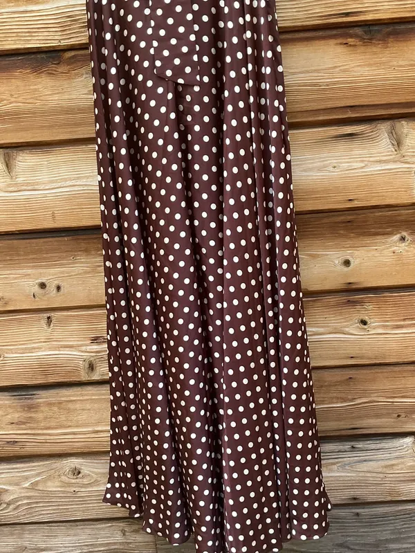 IEENA FOR MAC DUGGAL Size 10 Brown Polka Dot A-Line Halter Gown Rosette FLAWS - Image 15
