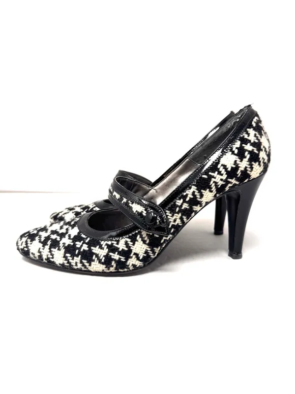 CARISMA black/white houndstooth fabric & leather Mary Janes, Italy, size 8.5 - Image 4