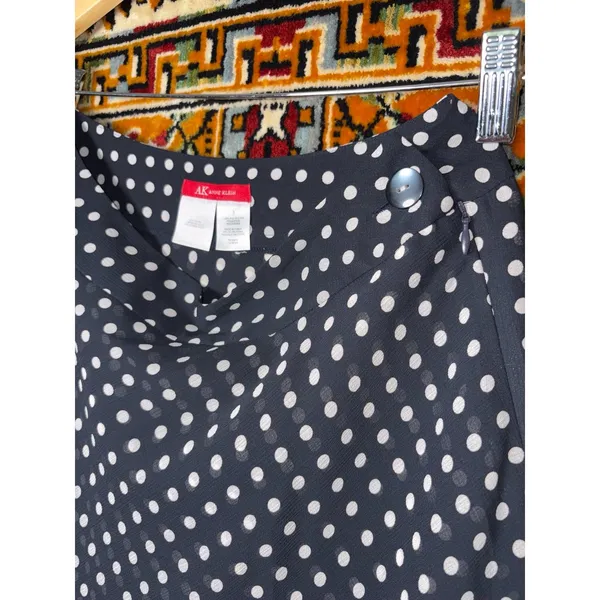 y2K Anne Klein Navy White Polka Dot Chiffon Flared Skirt Sz 8 - Image 4