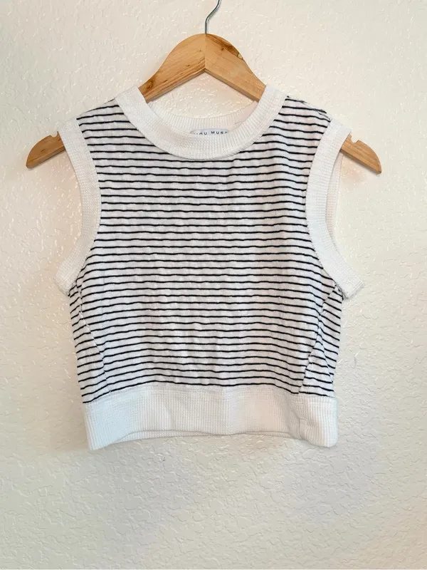Miou Muse White & Bavy Striped Sleeveless Knit Tank Top Small - Image 2