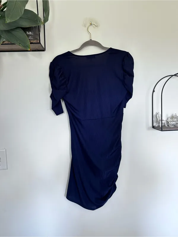 NSR Navy Blue Crimped V Neck Ruched Half Sleeve Mini Dress Size Small - Image 2