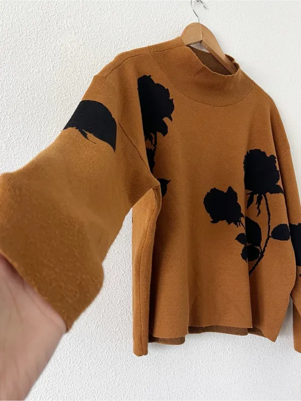 Anthropologie Maeve Carys Brown Black Floral Mock Neck Sweater - Image 4