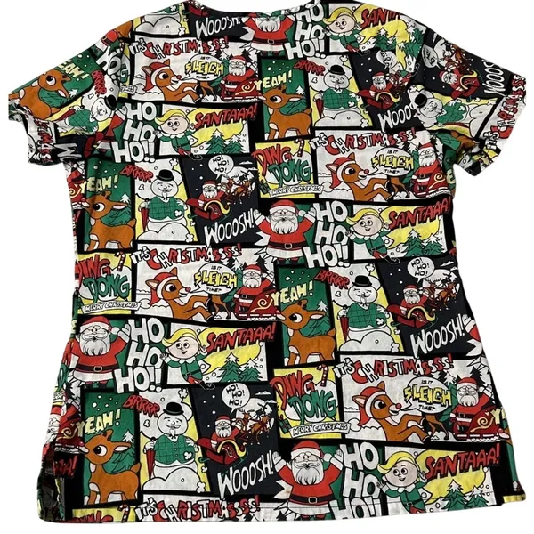 Rudolph Red Nosed Reindeer Christmas Scrub Top Comic Strip Holiday Womens XS - Image 9